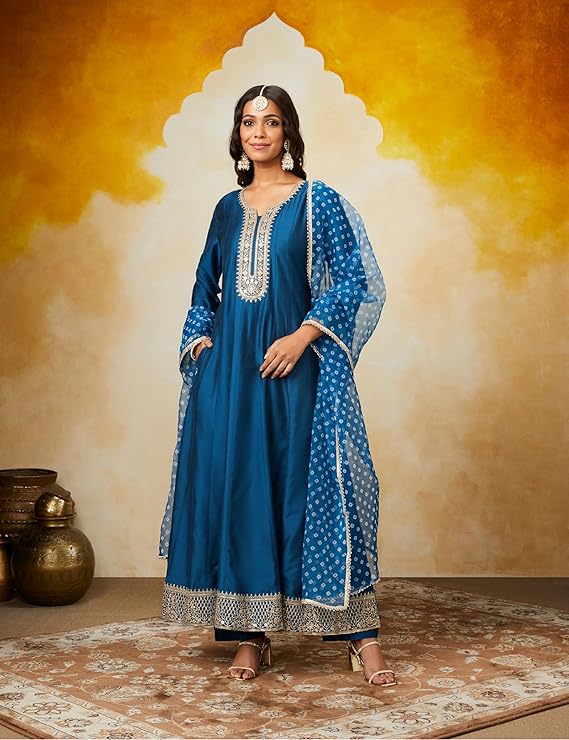 Women's Embroidered Anarkali Kurta Pant Set with Organza Dupatta | Viscose,Rayon | A-line fit