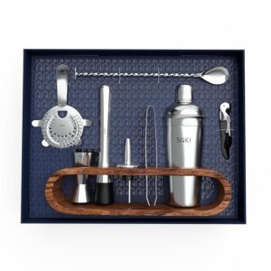 Stainless Steel Cocktail Shaker Gift Set with Stand - 10-Piece, Bartender Kit : Drink Shaker, Spoon, Jigger, Muddler, Strainer, Bottle Opener, Stopper,Pour Spouts, Stirrers, Tongs