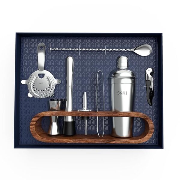 Stainless Steel Cocktail Shaker Gift Set with Stand - 10-Piece, Bartender Kit : Drink Shaker, Spoon, Jigger, Muddler, Strainer, Bottle Opener, Stopper,Pour Spouts, Stirrers, Tongs