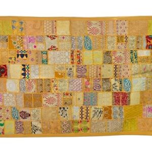 ajasthani Handmade Embroidery Patchwork Tapestry Cotton Wall Hanging Beaded Tapestries Room Decor 40 x 60 Inch (Yellow)