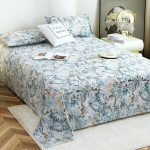 Bedsheet for Double Bed Cotton 190 TC with 2 Pillow Covers, Grey & Blue, Floral, 225 cm X 250 cm | Perfect for Home D?cor