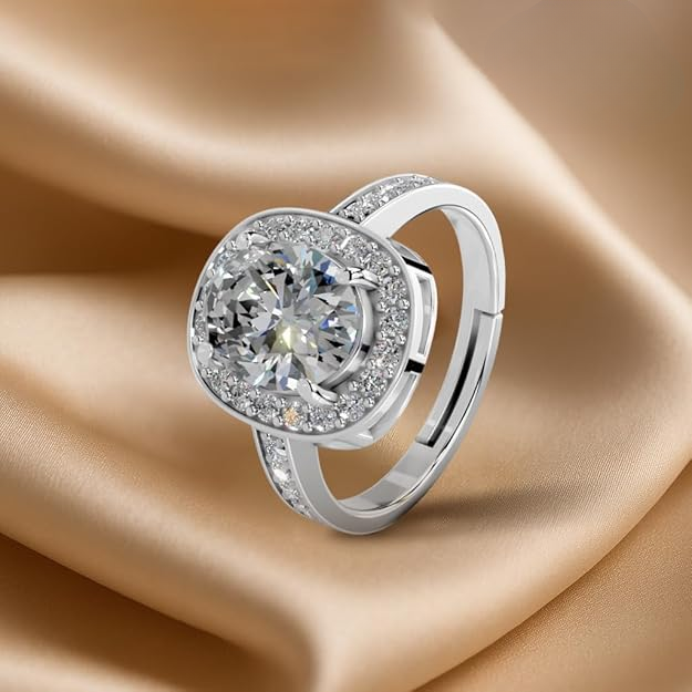 Pure 925 Sterling Silver Ring Rhodium Plated Minimal Jewelry Hallmark with Size Adjustable Birthday Anniversary Gift for Women and Girls Rings CZ AAA+ Diamond(Variation-R-03)