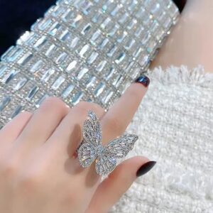 omen's Jewellery Butterfly Ring - Stainless Steel Silver AD Studded Adjustable Ring for Girls - Romantic Gift for Wife Girlfriend Promise