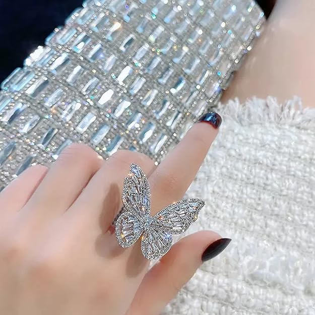 omen's Jewellery Butterfly Ring - Stainless Steel Silver AD Studded Adjustable Ring for Girls - Romantic Gift for Wife Girlfriend Promise