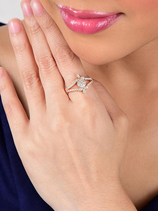 Rose Gold Plated Elegant American Diamond Studded Sparkling Adjustable Finger Ring for Women and Girls