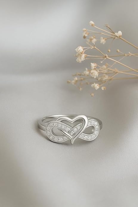 Silver Ring for Women Pure Silver 925 - Heart Knot Infinity Ring for Girls, Ladies Rings for Girlfriend - Stylish Chandi Ki Anguthi Adjustable Size