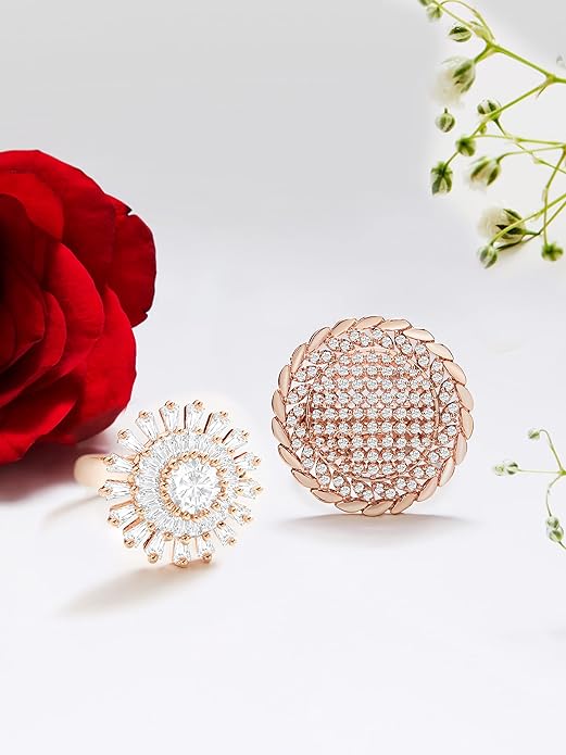 Set of 2 Rose Gold Cubic Zirconia Contemporary Adjustable Finger Rings For Women