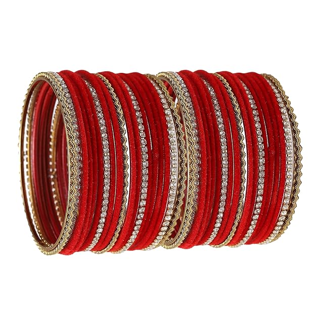 Gold-Plated Matte Finish Velvet White American Diamonds Studded Bangles Set Of 36 For Girls and Women