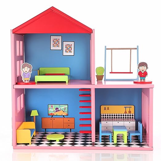 Wooden Doll House for Kids, Role Playing Doll House Set for Girls with 4 Rooms, Pretend & Play Doll House for Girls Above 3 Years, Painted with 100% Non-Toxic Colors, BIS Approved. (16 Pieces)