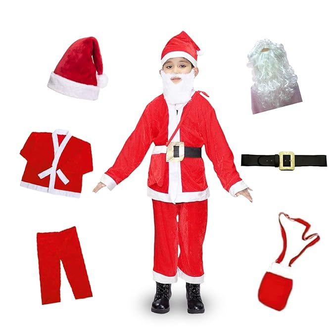 Fancy Dresses Santa Clause Christmas Costume For Boys & Girls, Velvet Santa Costume For Kids with Santa Cap, Belt and Bag-Red & White
