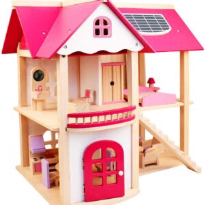 Wooden Doll House Playset Comes with A Furniture Pieces to Decorate The Interior | Miniature Pretend Play House for Children (Vibrant Pink)