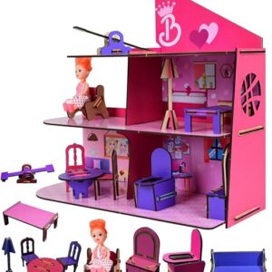 Wooden Doll House | Big DIY Colorful Dollhouse | 3-Story Malibu Townhouse with 3 Rooms, balcony & Rooftop Pool Lounge, 10 piece colorful Furniture & Accessories | Pretend Doll Playset for Girls