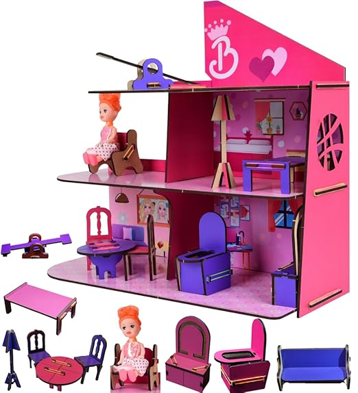 Wooden Doll House | Big DIY Colorful Dollhouse | 3-Story Malibu Townhouse with 3 Rooms, balcony & Rooftop Pool Lounge, 10 piece colorful Furniture & Accessories | Pretend Doll Playset for Girls