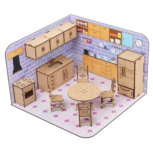 Kids DIY Wooden Kitchen Doll House with Furniture Kit for Kids
