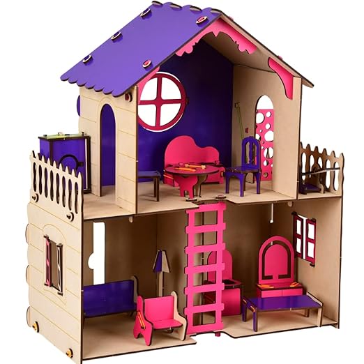 Wooden Big Doll House for Girls | Colorful Dollhouse with 15 Piece Furniture Including Kitchen, Bathroom, Living Room, & Bedroom | Pretend Role Play Set for Girls |Dream Big Toy House
