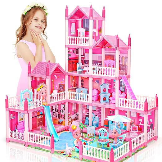 Dollhouse with 4-Story 11 Rooms, Dream Gift Princess Doll House Playset with Furniture Pool Slide, Pink Toddler Toy House for 3 4 5 6 7 8 9 10 Year Old Girls