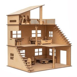 DIY Wooden Doll House with Furniture for Kids, Doll House with Open Air Gym, Dollhouse Construction Kit with Assembly Instructions, Wooden Doll House for Girls and Boys