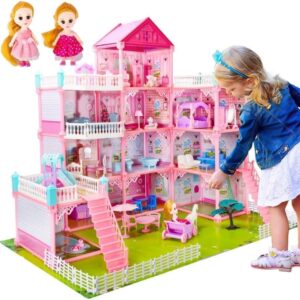 Dollhouse with 4-Story 11 Rooms, Dream Gift Princess Doll House Playset with Furniture Pool Slide, Pink Toddler Toy House for 3 4 5 6 7 8 9 10 Year Old Girls Boys, Multicolor