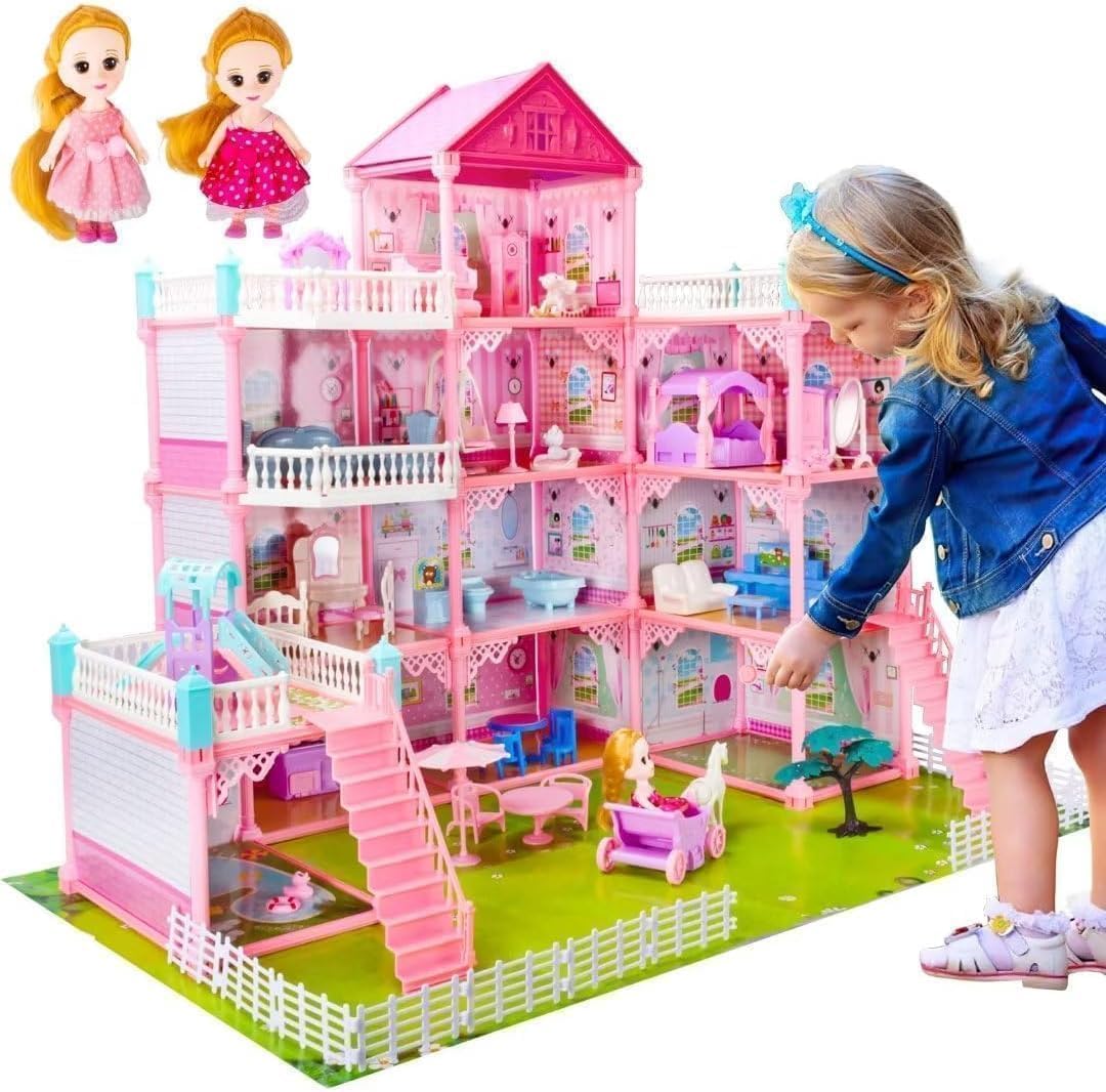 Dollhouse with 4-Story 11 Rooms, Dream Gift Princess Doll House Playset with Furniture Pool Slide, Pink Toddler Toy House for 3 4 5 6 7 8 9 10 Year Old Girls Boys, Multicolor