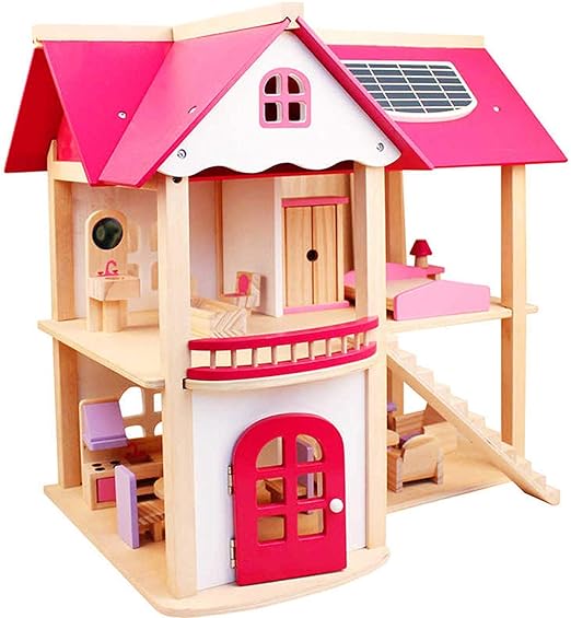 Wooden Doll House Playset Comes with A Furniture Pieces to Decorate The Interior | Miniature Pretend Play House for Children (Vibrant Pink)