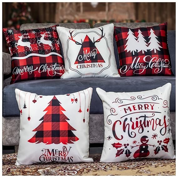 Christmas Decorative Printed Satin Cushion/Throw/Pillow Covers (Multicolour) Set of 5 Pieces (16X16 Inches, Deers)