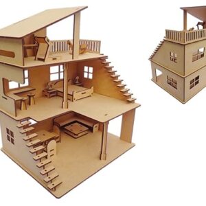 Wooden Doll House with Furniture for Kids, Doll House with Open Air Gym, Dollhouse Construction Kit with Assembly Instructions, Wooden Doll House for Girls and Boys
