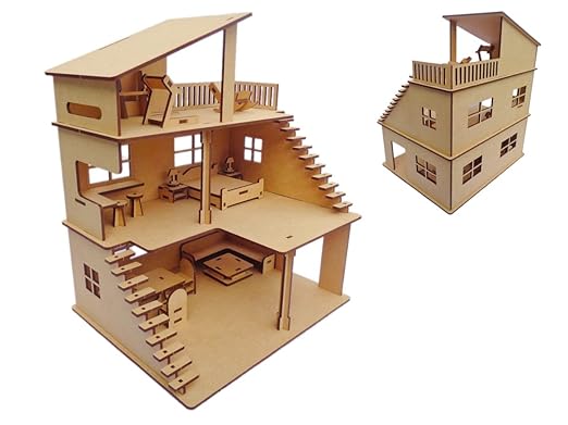 Wooden Doll House with Furniture for Kids, Doll House with Open Air Gym, Dollhouse Construction Kit with Assembly Instructions, Wooden Doll House for Girls and Boys