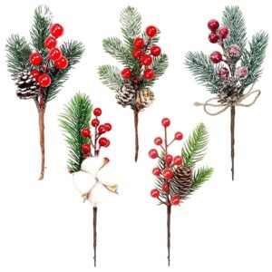 5Pcs Red Berries with Pine Cone for Christmas Decorations Artificial Red Berry Branches Holly Christmas Tree Decoration Items for Xmas Tree, Wreath, Home Decor, DIY Craft