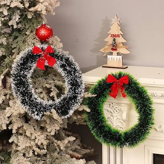 Set of 2 Christmas Wreath for Front Door Wall Hanging Snow Bowknot Wreath Garland Christmas Tree Ornaments Xmas Decoration (Green & Snow Green)