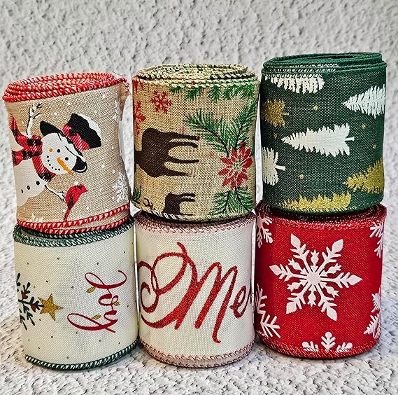 3 Rolls X 4 Yards Christmas Wired Edge Ribbon Burlap Ribbon Wrapping DIY Crafts Bows Xmas Birthday Decoration Party Supplies,2.5 Inches (All 6 Combo)