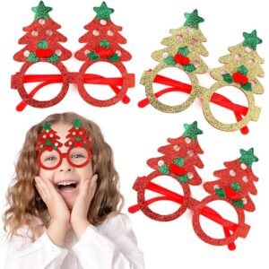 Christmas Tree Goggles Festive Red & Green Glitter Glasses Christmas Party Glasses Frames Christmas Party Favors Xmas Tree Eyeglasses Frame for Kids(Pack of 3)
