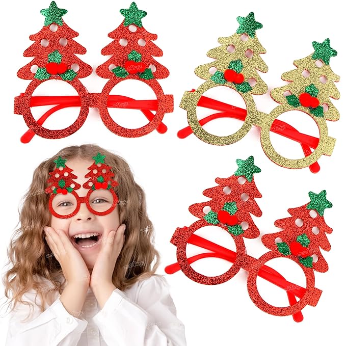 Christmas Tree Goggles Festive Red & Green Glitter Glasses Christmas Party Glasses Frames Christmas Party Favors Xmas Tree Eyeglasses Frame for Kids(Pack of 3)