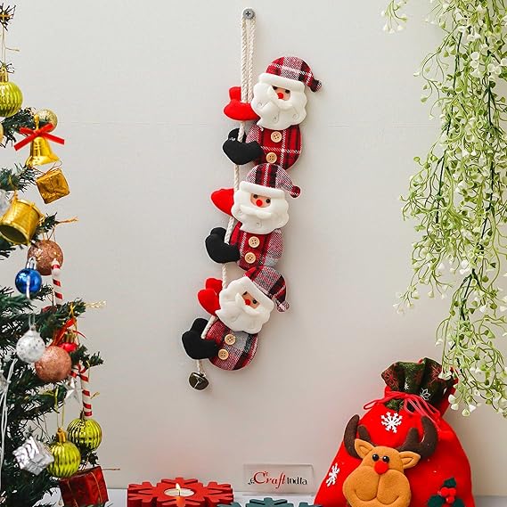 Santa Claus Snowman Climbing On Rope Merry Christmas Fabric Hanging Ornament Props|Xmas Christmas Tree Decoration Items for Home Office |White & Red Merry Christmas