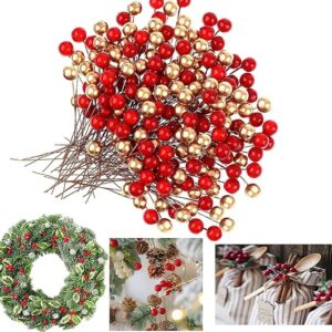 100 Pcs Red Golden Christmas Berries for Xmas Tree Decoration, Wreath Making, DIY Craft & Decoration Item