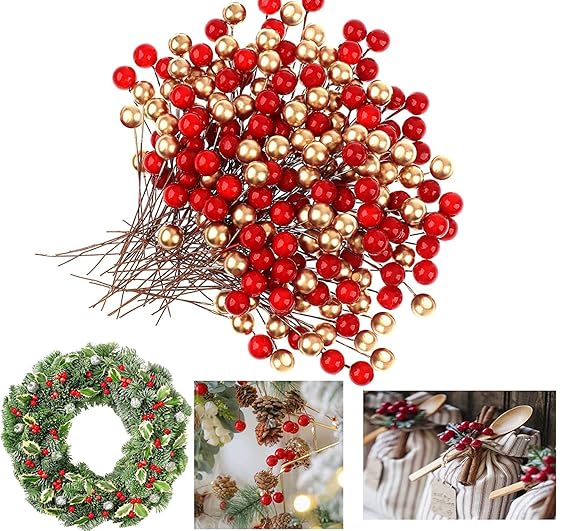 100 Pcs Red Golden Christmas Berries for Xmas Tree Decoration, Wreath Making, DIY Craft & Decoration Item