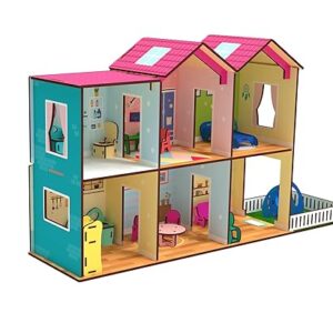 Big Size Wooden DIY Doll House for Kids with Furniture, Dolls, Side Garden and Much More! Play House Learning Toy for Girls Boys 3 4 5 6 7 Year Old Birthday Gift Dollhouse