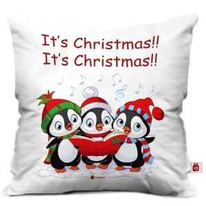 Singing Penguins Print White Cushion Cover 12x12 with Filler ( Xmas, Him, Boy, Girl, Dad, Mom, Friends, Family ) - Christmas Decorations