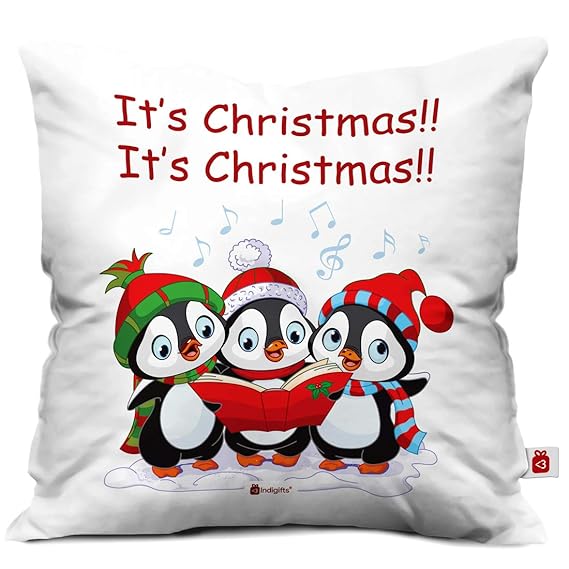 Singing Penguins Print White Cushion Cover 12x12 with Filler ( Xmas, Him, Boy, Girl, Dad, Mom, Friends, Family ) - Christmas Decorations