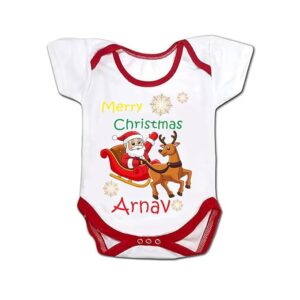 Customised Name With Christmas/X-mas Tree Cartoon Theme Bodysuits l Polycotton Half Sleeves Unisex Printed Baby Rompers, Free Size