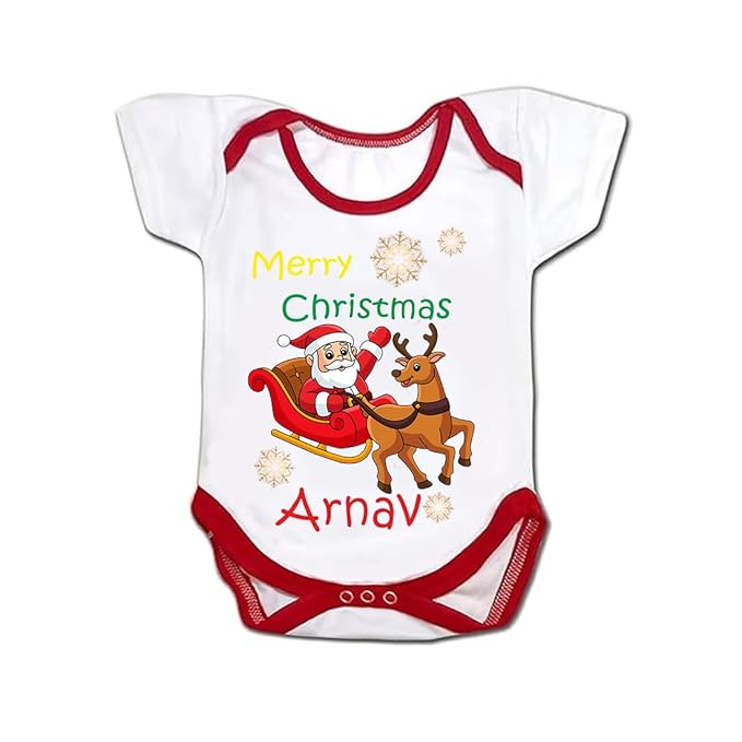 Customised Name With Christmas/X-mas Tree Cartoon Theme Bodysuits l Polycotton Half Sleeves Unisex Printed Baby Rompers, Free Size