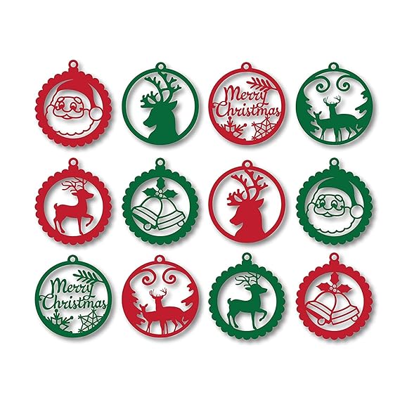 Santa Claus Reindeer Merry Christmas Bells Snowflake Tree Wooden Cutouts (Set of 12, Red Green) | Christmas Hanging Ornaments Props Decoration Items for Home