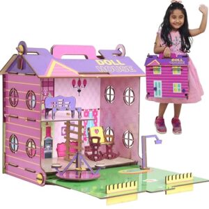 Big Wooden Doll House for Girls | Foldable, Easy to Carry | Colorful Dollhouse with Furniture, Playground and Handle |Pretend Doll Playset for Girls| | Girls Toy | STEM Learning